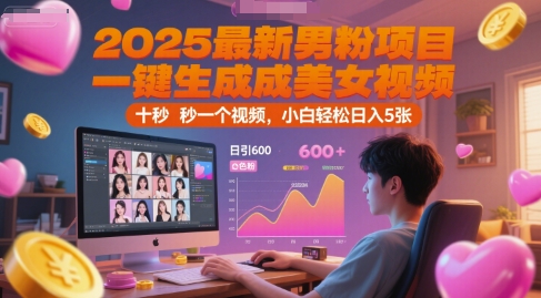 2025最新男粉项目，一键生成美女视频，日引600+色粉 十秒一个视频，小白轻松日入5张【揭秘】-87创业网