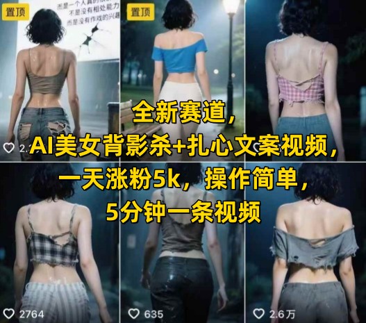 全新赛道，AI美女背影杀+扎心文案视频，一天涨粉5k，操作简单，5分钟一条视频-87创业网