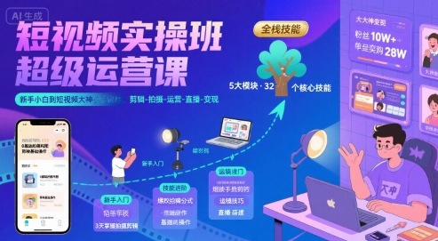 短视频实操班超级运营课，新手小白到短视频大神必修课程，剪辑-拍摄-运营-直播-变现-87创业网