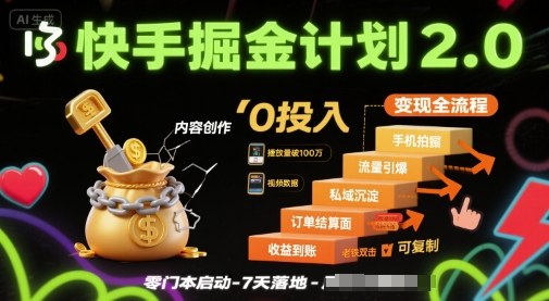 快手掘金计划2.0，快手电商变现全流程，简单可复制，0投入-87创业网