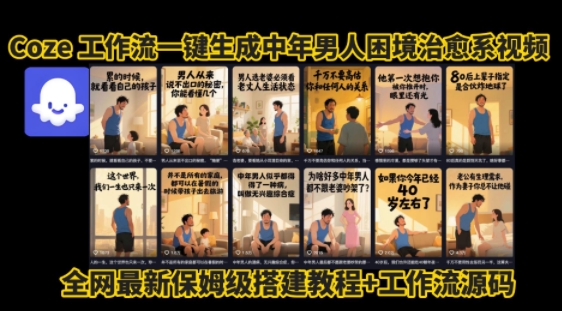 coze工作流一键生成”中年男人困境扎心高涨粉高播放量图文视频”保姆级拆解教程，无需剪辑，无需拍摄写文案-87创业网