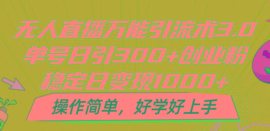 无人直播万能引流术3.0，单号日引300+创业粉，稳定日变现1000+，操作简单-87创业网