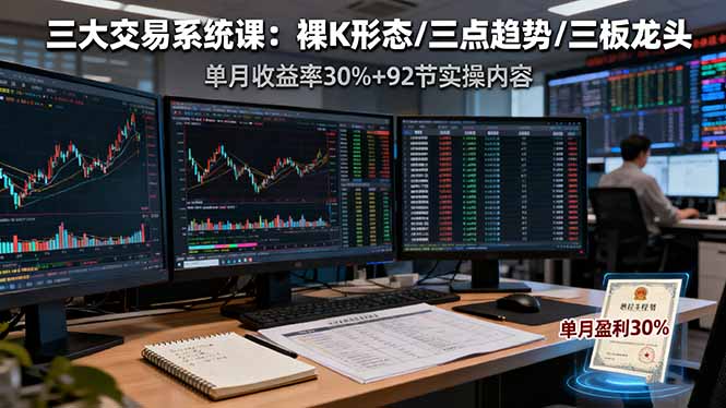 三大交易系统课：裸K形态/三点趋势/三板体系，单月收益率30%+92节实操内容-87创业网