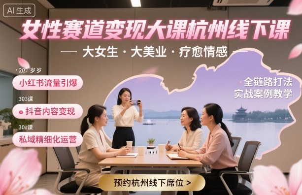 女性赛道变现大课杭州线下，大女生，大美业，疗愈情感，一套小红书、抖音、私域全链路打法-87创业网