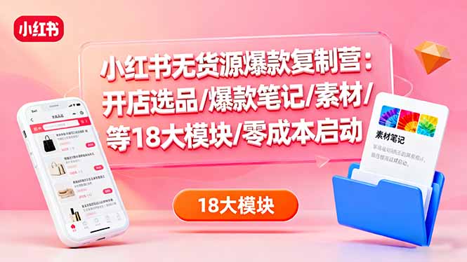 小红书无货源爆款复制营：开店选品/爆款笔记/素材/等18大模块/零成本启动-87创业网