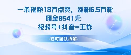 一条视频18W点赞，涨粉6.5W粉佣金8541米，视频号+抖音=王炸-87创业网