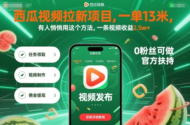 西瓜视频拉新项目，一单13米，有人悄悄用这个方法，一条视频收益2.5w+(附详细教程)-87创业网