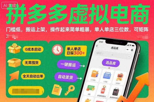 拼多多虚拟电商，门槛低，搬运上架，操作起来简单粗暴，单人单店三位数，可矩阵-87创业网