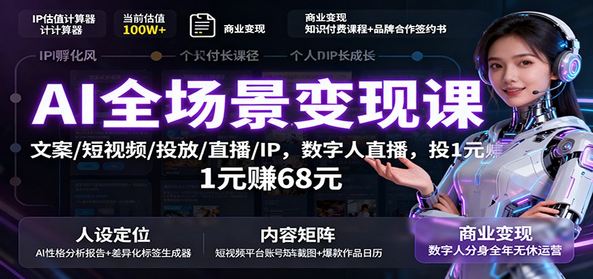 AI全场景变现课：文案/短视频/投放/直播/IP，数字人直播，投1元赚68元-87创业网