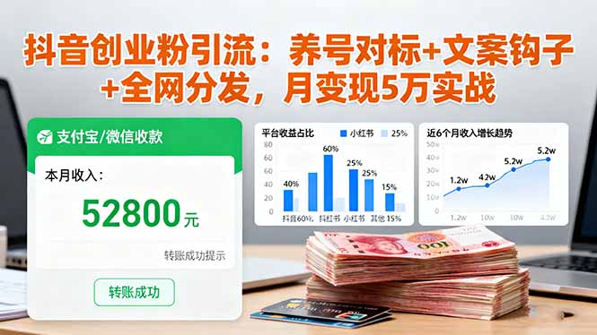 抖音创业粉引流：养号对标+文案钩子+全网分发，月变现5万实战-87创业网