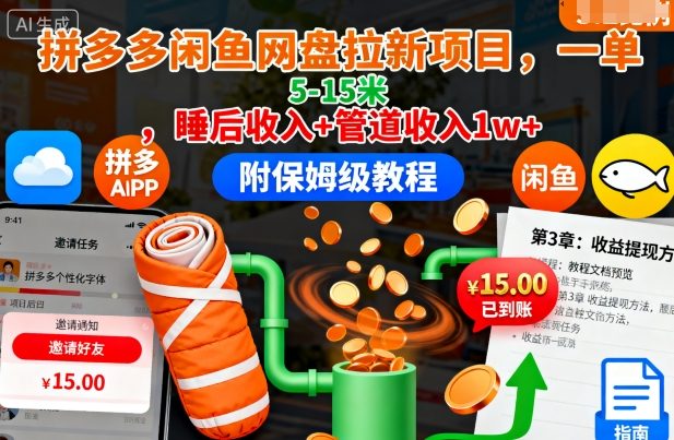 拼多多闲鱼网盘拉新项目，一单5-15米，睡后收入+管道收入1w+(附保姆级教程)-87创业网