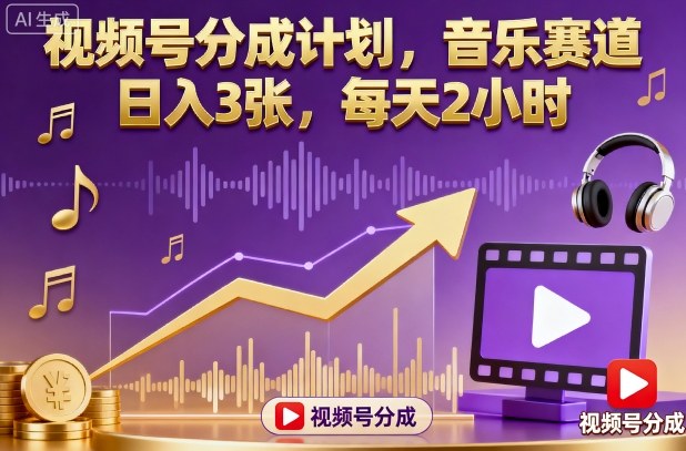 视频号分成计划，音乐赛道，日入3张，每天2小时-87创业网