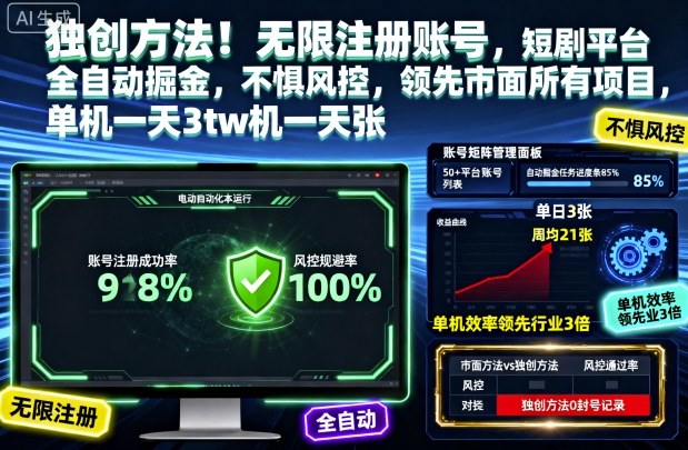 独创方法！无限注册账号，短剧平台全自动掘金，不惧风控，领先市面所有项目，单机一天3张【揭秘】-87创业网
