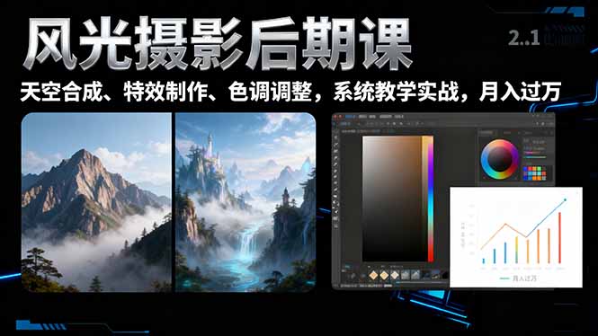 风光摄影后期课，一键换天空合成、特效制作、色调调整，月入过万-87创业网