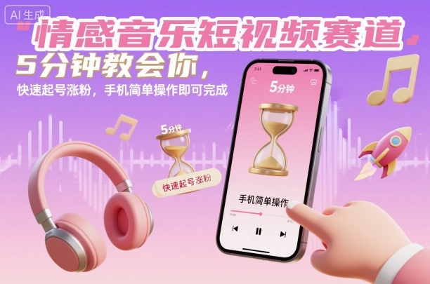 情感音乐短视频赛道，5分钟教会你，快速起号涨粉，手机简单操作即可完成-87创业网