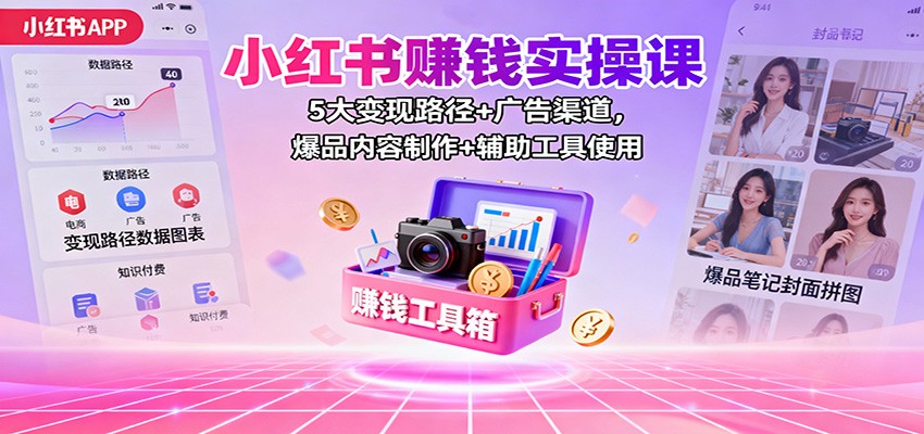小红书赚钱实操课：5大变现路径+广告渠道，爆品内容制作+辅助工具使用-87创业网