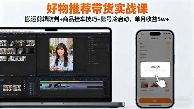好物推荐带货实战课：搬运剪辑防判+商品挂车技巧+账号冷启动，单月收益5w+-87创业网