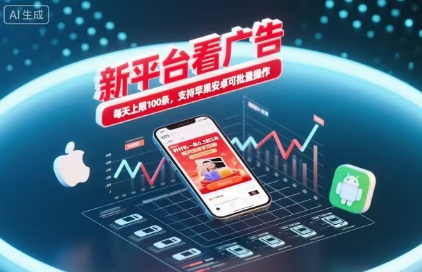 新台看广告，养好机一条5毛到5块，单机日入30到100，支持苹果安卓，可批量操作。-87创业网