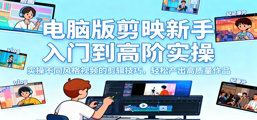 电脑版剪映新手入门到高阶实操，实操不同风格视频的剪辑技巧，轻松产出高质量作品-87创业网