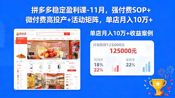 拼多多稳定盈利课-11月，强付费SOP+微付费高投产+活动矩阵，单店月入10w+-87创业网