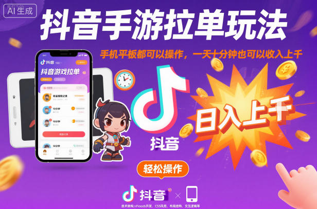 抖音手游拉单玩法，手机平板都可以操作，一天十分钟也可以收入上K【揭秘】-87创业网