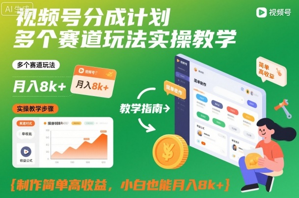 视频号分成计划多个赛道玩法实操教学，制作简单高收益，小白也能月入8k+-87创业网