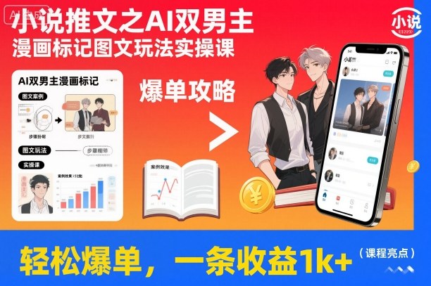 小说推文之AI双男主漫画标记图文玩法实操课，轻松爆单，一条收益1k+-87创业网