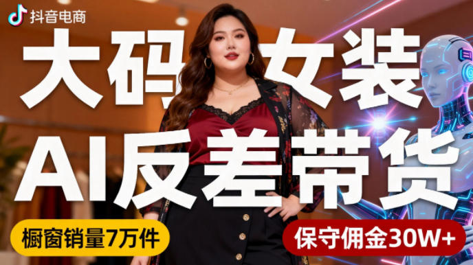 抖音小众赛道，大码女装AI反差带货，不用直播，每天6条作品，橱窗卖7万件，保守佣金30W+-87创业网