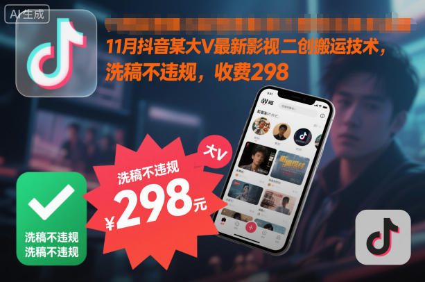 11月抖音某大V最新影视二创搬运技术，洗稿不违规，收费298-87创业网