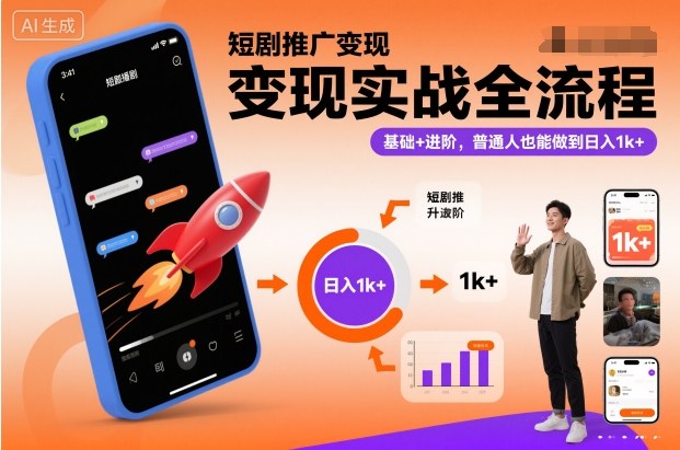 短剧推广变现实战全流程，基础+进阶，普通人也能做到日入1k+-87创业网
