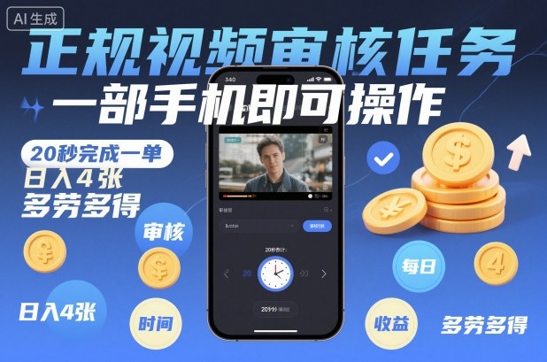 正规视频审核任务，一部手机即可操作，20秒完成一单，日入4张，多劳多得【揭秘】-87创业网