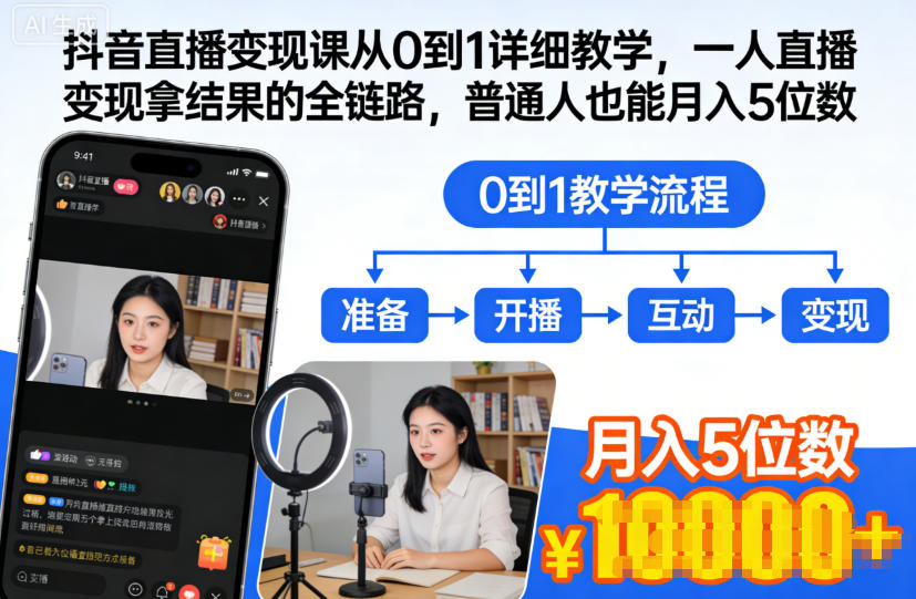 抖音直播变现课从0到1详细教学，一人直播变现拿结果的全链路，普通人也能月入5位数-87创业网