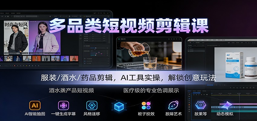 多品类短视频剪辑课：服装/酒水/药品剪辑，AI工具实操，解锁创意玩法-87创业网