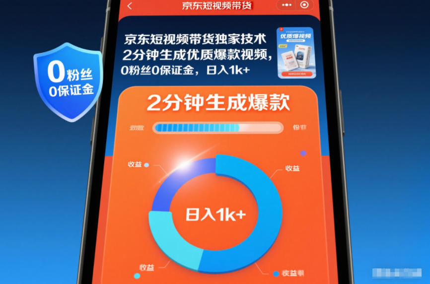 京东短视频带货独家技术，2分钟生成一条优质爆款视频，0粉丝0保证金，日入1k+【揭秘】-87创业网