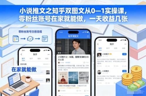 小说推文之知乎双图文从0—1实操课，零粉丝账号在家就能做，一天收益几张-87创业网
