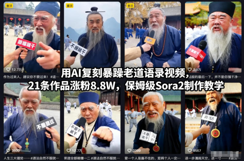 用AI复刻暴躁老道语录视频，21条作品涨粉8.8W，保姆级Sora2制作教学-87创业网