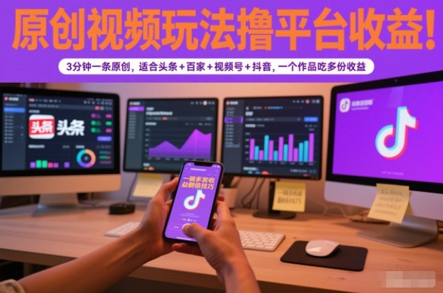 原创视频玩法撸平台收益，3分钟一条原创，适合头条+百家+视频号+抖音，一个作品吃多份收益-87创业网