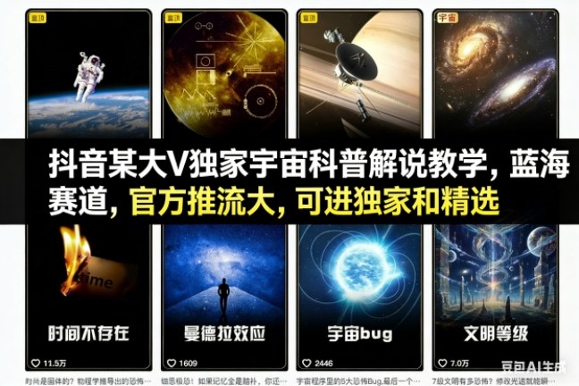 抖音某大V独家宇宙科普解说教学，蓝海赛道，官方推流大，可进独家和精选-87创业网