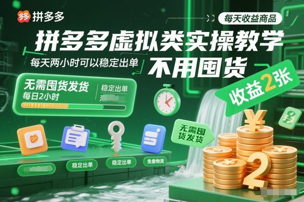 拼多多虚拟类实操教学，不用囤货、不用发货，每天两小时可以稳定出单，每天收益2张-87创业网