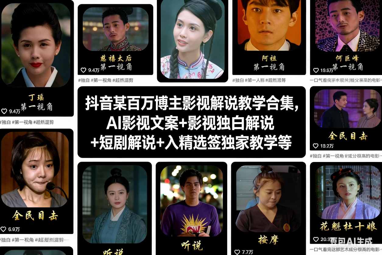 抖音某百万博主影视解说教学合集,AI影视文案+影视独白解说+短剧解说+入精选签独家教学等-87创业网