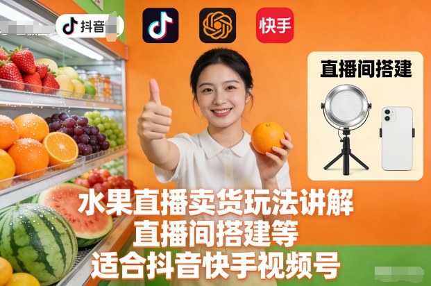 水果直播卖货玩法讲解、直播间搭建等,适合抖音快手视频号-87创业网
