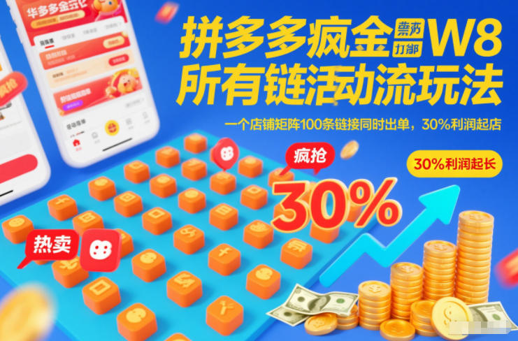 拼多多疯狂活动流玩法，所有链接全部打标，一个店铺矩阵100条链接同时出单，30%利润起店-87创业网