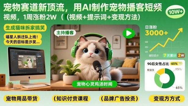 宠物赛道新顶流，用AI制作宠物播客短视频，1周涨粉2W(视频+提示词+变现方法)-87创业网