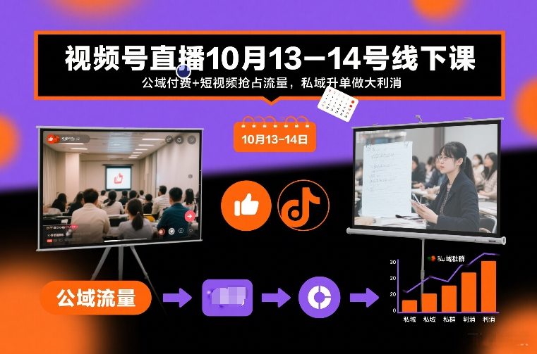 视频号直播10月13-14号线下课，公域付费+短视频抢占流量，私域升单做大利消-87创业网