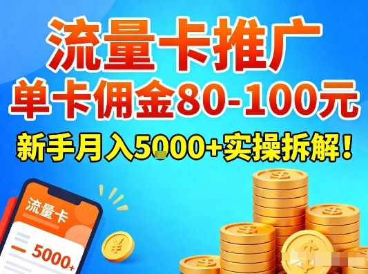 流量卡推广，单卡佣金80-100，新手月入5k+实操拆解！-87创业网