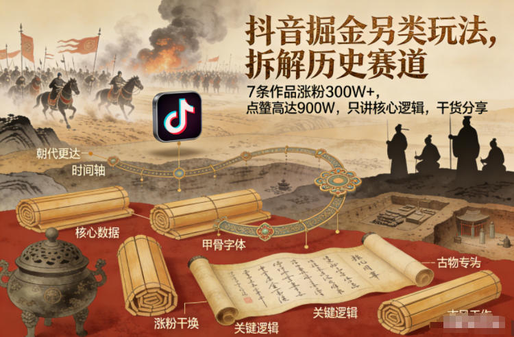 抖音掘金另类玩法，拆解历史赛道，7条作品涨粉300W+，点赞量高达900W，只讲核心逻辑，干货分享-87创业网