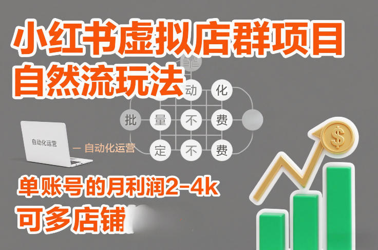 小红书虚拟店群项目，自然流玩法，批量自动化，稳定不费号，单账号的月利润2-4k，可多店矩阵-87创业网