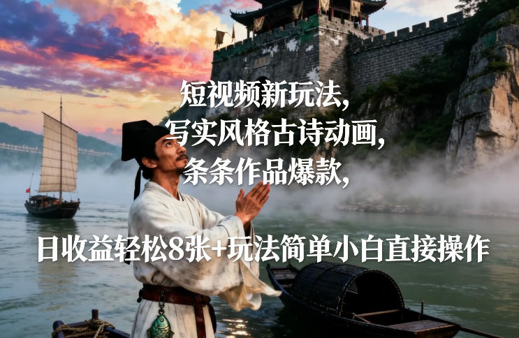 短视频新玩法，写实风格古诗动画，条条作品爆款，日收益轻松8张+玩法简单小白直接操作-87创业网