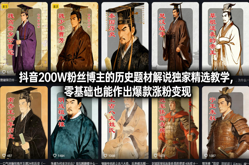 抖音200W粉丝博主的历史题材解说独家精选教学，零基础也能作出爆款涨粉变现-副业终点站