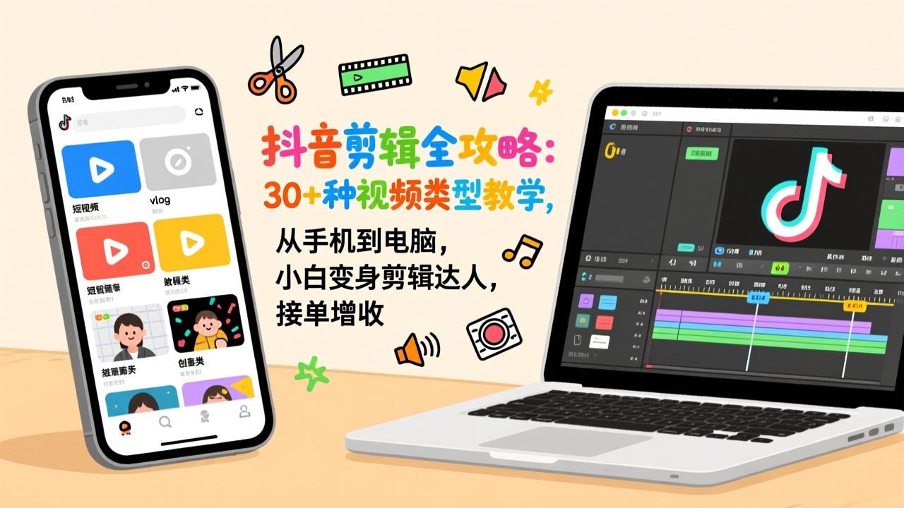 抖音剪辑全攻略：30+种视频类型教学，从手机到电脑，小白变身剪辑达人，接单增收-副业终点站